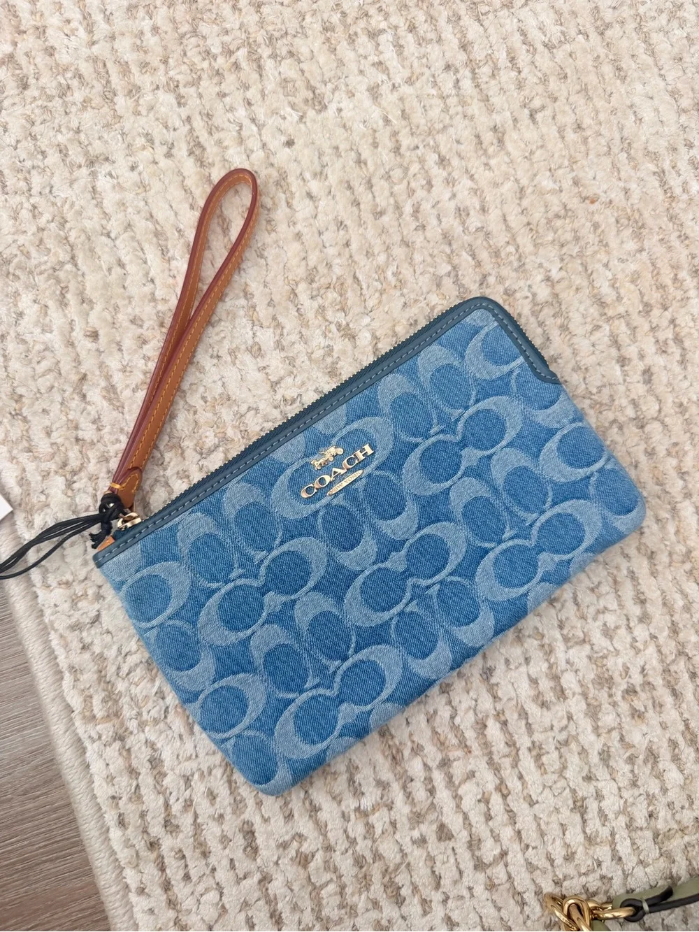 Coach Blue Denim Signature Wristlet with Tan Leather Strap